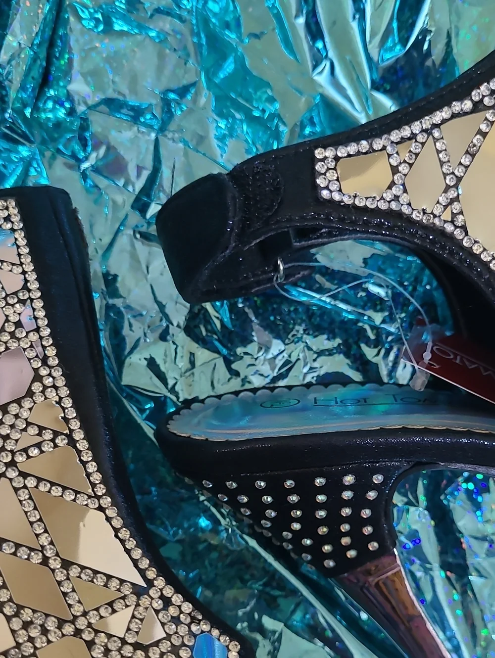 Embellished Black Mirror-Panel High Heel Sandals
